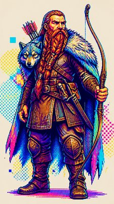 full-body original character: a dwarven ranger with a braided auburn beard, worn leather armor, a longbow and a wolf-pelt cloak, neutral background, no text