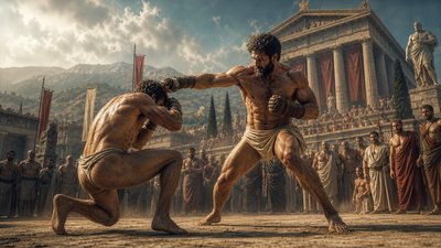 painting of an ancient greek competition with  two greek ignudi boxers - one crouching and the other striking