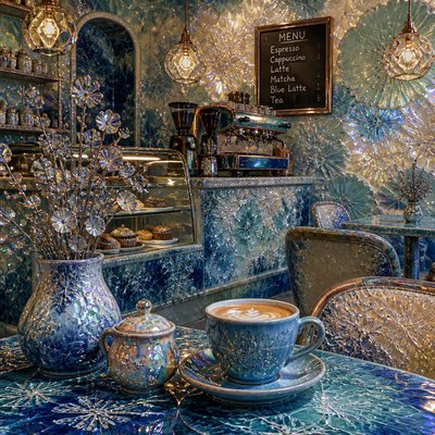 cozy cafe interior with warm lighting