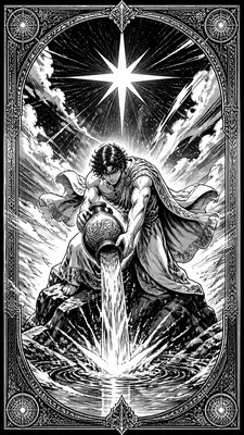 a robed figure pouring water beneath a large eight-pointed star in a night sky, symmetrical composition with an ornate decorative border, no text