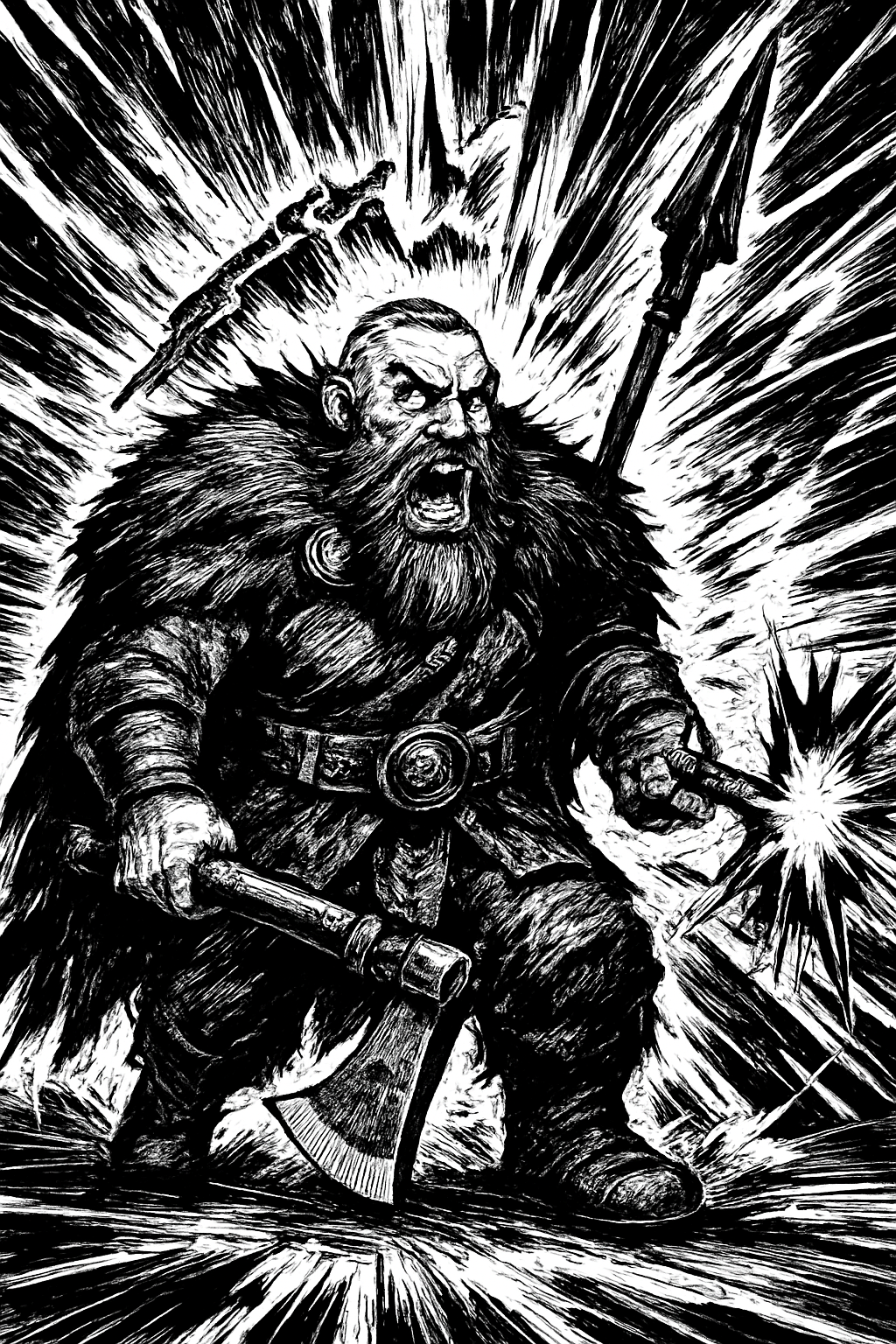 a black and white drawing of a man with a hammer