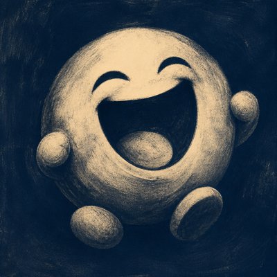 an exaggerated laughing face of an original round mascot character, bold and readable at small size, plain background, no text