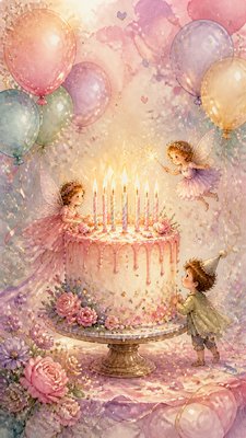 a birthday cake with lit candles surrounded by balloons and confetti, festive vertical composition, no text