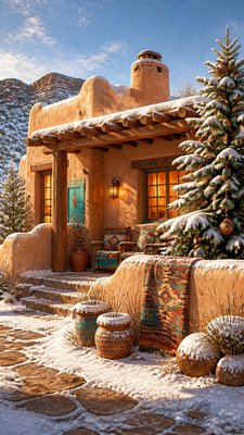 a snow-covered cottage with warm glowing windows beside a decorated pine tree, gentle snowfall, no text