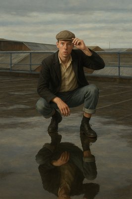 a painting of a man sitting on the ground