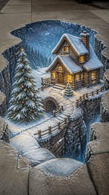a snow-covered cottage with warm glowing windows beside a decorated pine tree, gentle snowfall, no text