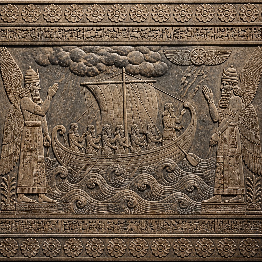 sailing ship on a stormy sea — Mesopotamian Relief Art Style