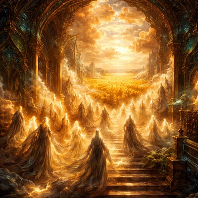 A cinematic oil painting of the 'harvest of reward.' Glowing silhouettes of souls gathered in celestial halls made of clouds and amber light. In the distance, a metaphorical field of golden wheat representing the harvest. Warm, glowing color palette: burnt orange, gold leaf, and deep mahogany. Soft brushwork, divine and majestic atmosphere.