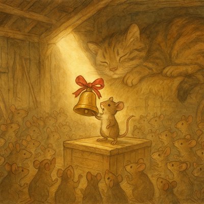 Whimsical Storybook Illustration Style, Warm Color Palette, Soft Textures and Detailed Linework. A wide-angle view of a secret, crowded meeting of dozens of anthropomorphic field mice taking place on an upturned wooden crate in the corner of a cluttered, dusty barn.

The Focal Point (The Plan): In the center of the crate spotlighted by a beam of sunlight coming through a crack in the roof, a small, earnest mouse stands on its hind legs, triumphantly holding aloft a shiny brass sleigh bell tied with a bright red ribbon. The bell looks impossibly large and heavy for the mouse.

The Reaction (The Hesitation): The surrounding crowd of mice is a mix of emotions. Some in the front row are cheering with tiny paws raised. However, many others towards the back are exchanging nervous, sidelong glances, scratching their heads, or looking fearfully over their shoulders.

The Threat (The Reality): In the background, looming massively over the entire scene on top of a high stack of hay bales, a giant, fluffy tabby cat is fast asleep. Though sleeping, its size and sharp claws are evident, casting a shadow over the edge of the meeting area. The contrast between the small, shiny bell and the enormous sleeping predator is central to the image.