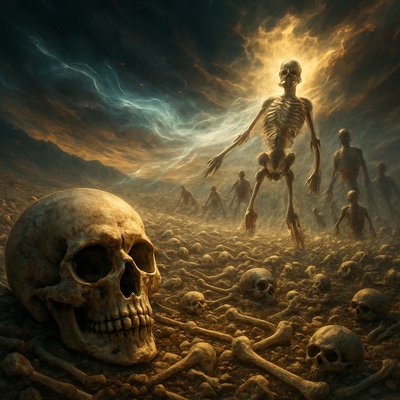 An incredibly detailed and profound scene depicting the Vision of the Dry Bones from Ezekiel 37. The immediate foreground features a stark, highly detailed close-up of a single ancient human skull, its empty eye sockets gazing out, perfectly rendered with realistic bone texture. Beyond this skull, stretching into the mid-ground, a vast, desolate valley is entirely carpeted with an immense, sprawling expanse of countless other ancient, stark white human bones and skulls. A powerful, divine wind (ruach), emanating an ethereal, sacred glow, swirls violently through this boneyard. This divine energy causes the bones to dramatically rattle, shift, and miraculously knit together, forming complete skeletons. Further in the background, some of these skeletons have already begun to rapidly form tendons, flesh, and skin, starting to rise as part of a nascent, colossal army. The sky above is dramatic and ominous, with streaks of divine light breaking through thick clouds. The overall mood is one of overwhelming desolation, followed by the initial, awe-inspiring moments of miraculous transformation and the promise of life."