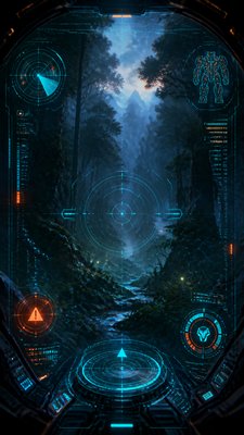 a mysterious forest path with fireflies and drifting mist, atmospheric vertical composition with open space at the top, no text