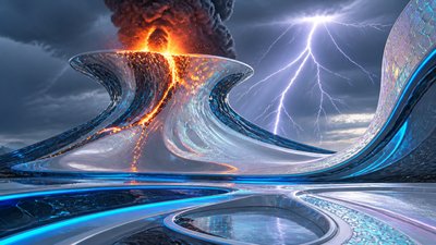 an erupting volcano with lightning strikes, dramatic wide composition, no text