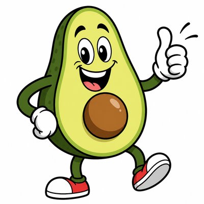 a happy avocado character giving a thumbs up, bold readable design on a plain background, no text