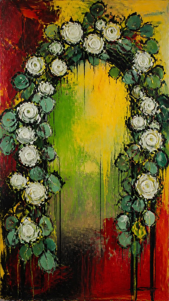 an arch of white roses and eucalyptus in soft morning light, elegant vertical composition with open space, no text