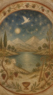 a tranquil mountain lake beneath a starry night sky, no people, no text