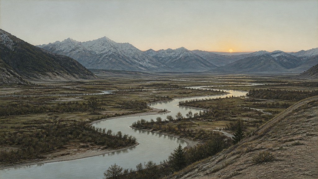 a vast valley with a river winding toward distant mountains at sunrise, no people, no text