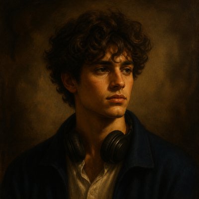 head-and-shoulders portrait of an original character: a young man with curly dark hair and headphones around his neck, plain backdrop, no text