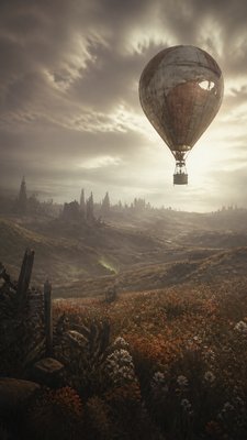 a hot air balloon drifting over rolling flower fields on a sunny day, cheerful, no text