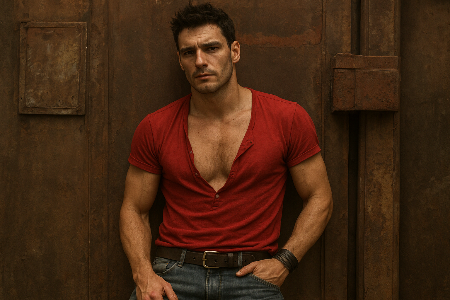 a man in a red shirt leaning against a wall