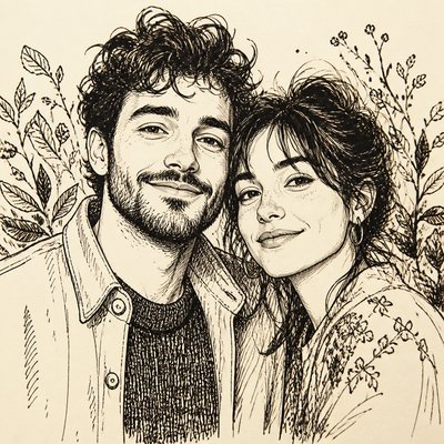 portrait of two people together — Pen and Ink Drawing Style