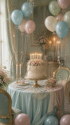 a birthday cake with lit candles surrounded by balloons and confetti, festive vertical composition, no text