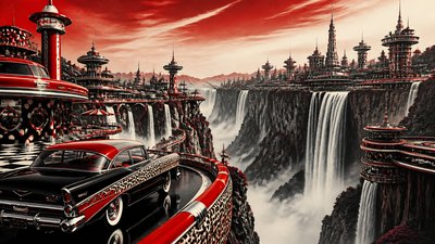 a cliffside city with waterfalls cascading into a misty canyon, wide establishing shot, no people, no text