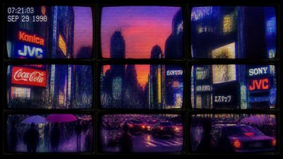 bustling city street panorama at dusk