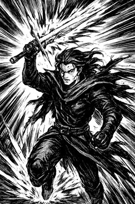 a black and white drawing of a man holding a sword
