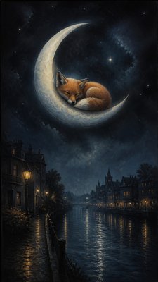 a sleeping baby fox curled on a crescent moon among soft stars, gentle and warm, no text