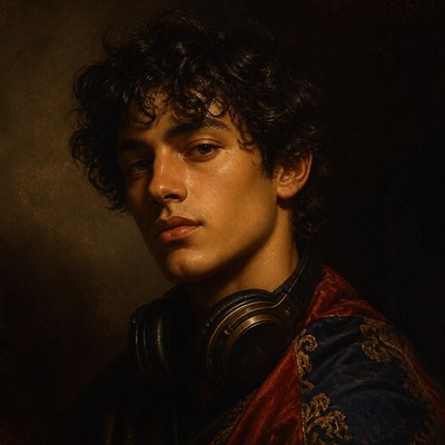 head-and-shoulders portrait of an original character: a young man with curly dark hair and headphones around his neck, plain backdrop, no text
