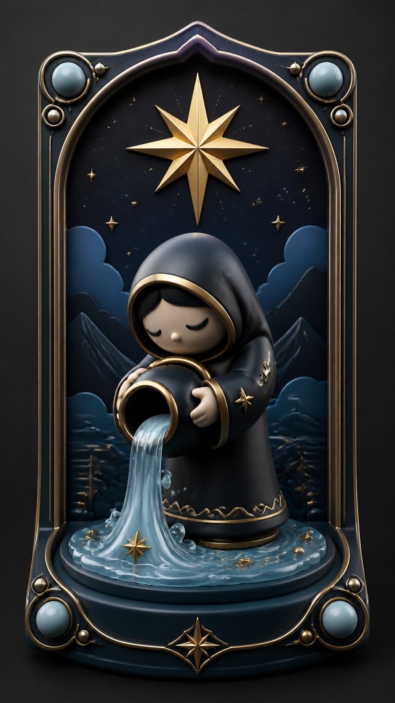 a robed figure pouring water beneath a large eight-pointed star in a night sky, symmetrical composition with an ornate decorative border, no text