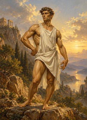 a painting of a man standing on top of a mountain