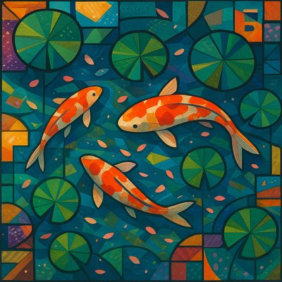 A koi pond seen from above, orange and white koi fish swimming among lily pads, clear water with subtle ripples, fallen cherry blossom petals floating on the surface, dappled sunlight