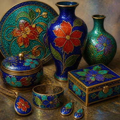 still life with everyday objects — Enamel Art Style