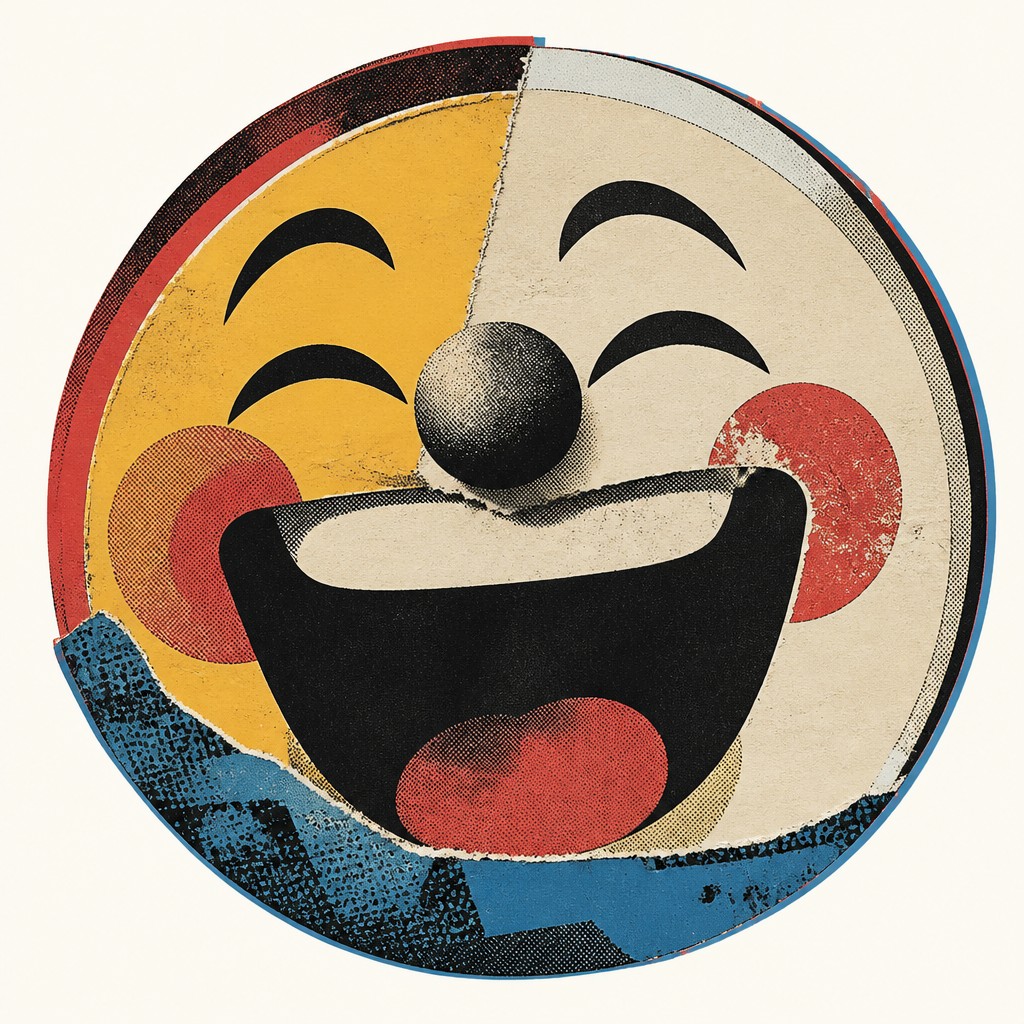 an exaggerated laughing face of an original round mascot character, bold and readable at small size, plain background, no text