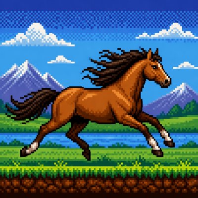 a galloping horse with flowing mane, side view