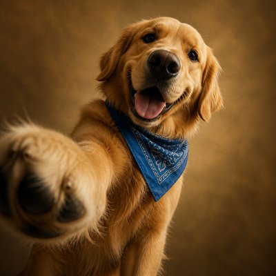 portrait of a golden retriever wearing a blue bandana, warm plain backdrop, no text
