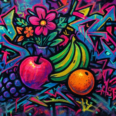 still life arrangement of fruits and flowers
