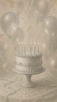 a birthday cake with lit candles surrounded by balloons and confetti, festive vertical composition, no text