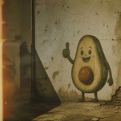 a happy avocado character giving a thumbs up, bold readable design on a plain background, no text