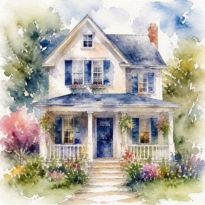 house with front view — Wet-on-Wet Watercolor Style