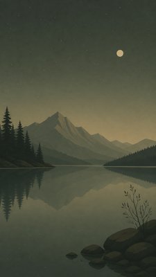 a tranquil mountain lake beneath a starry night sky, no people, no text