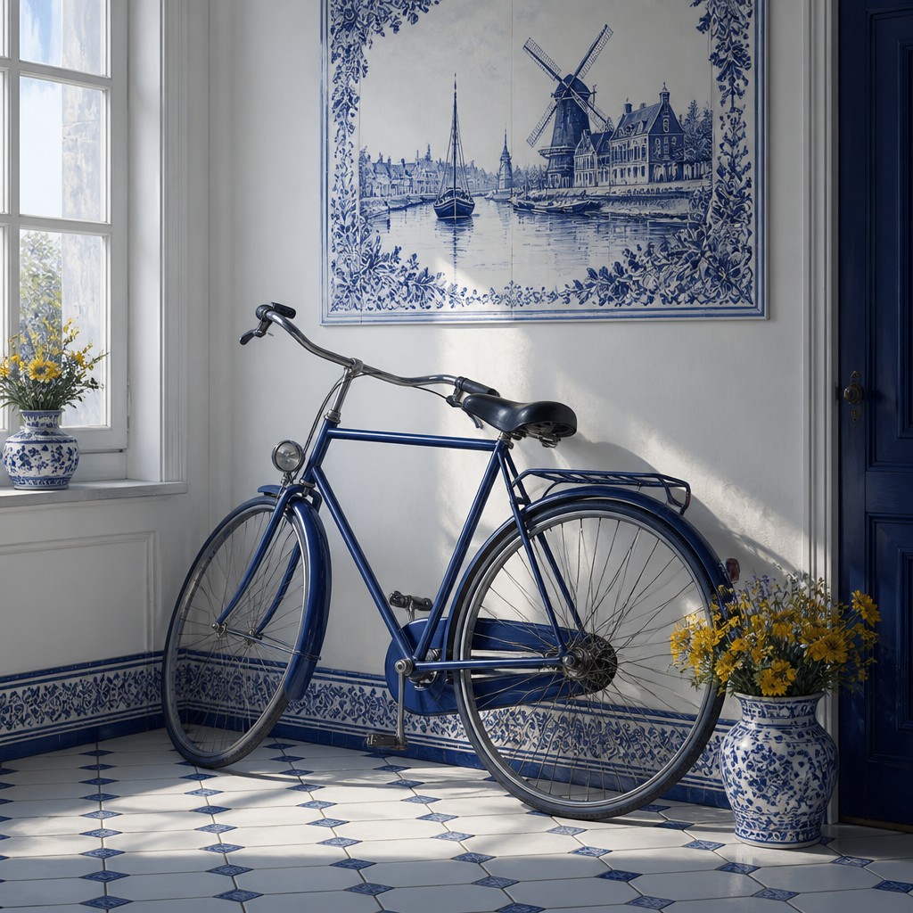 bicyle resting against a wall — Delft Blue Art Style