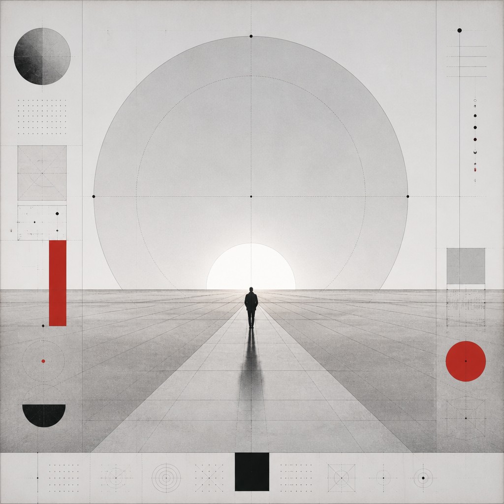 a solitary figure walking toward a glowing horizon across an empty plain, moody atmosphere, no text or lettering