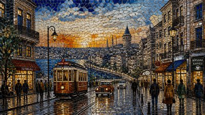 bustling city street panorama at dusk