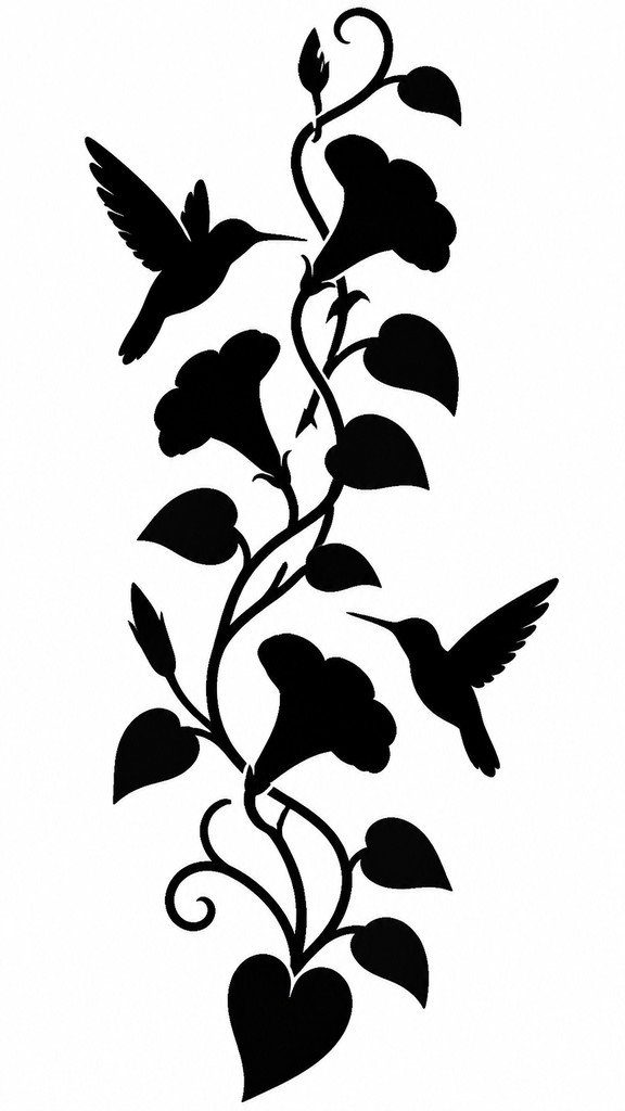 a climbing vine of flowers and hummingbirds on a dark background, tall wrapping composition, no text