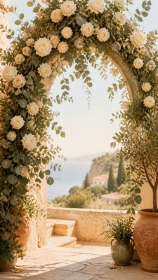 an arch of white roses and eucalyptus in soft morning light, elegant vertical composition with open space, no text