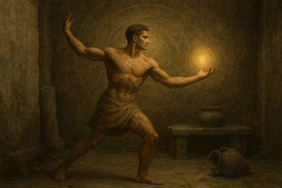 a painting of a man holding a glowing ball