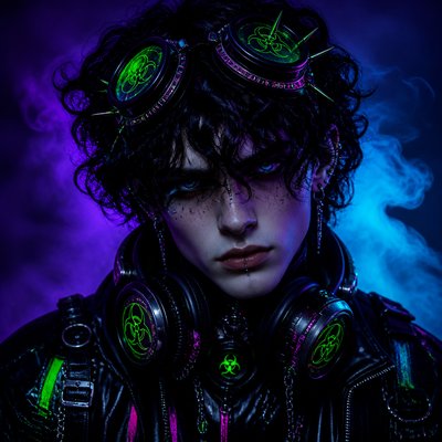 head-and-shoulders portrait of an original character: a young man with curly dark hair and headphones around his neck, plain backdrop, no text