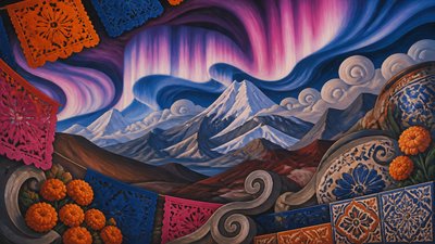 a flowing aurora over snowy peaks, wide sweeping composition, no people, no text
